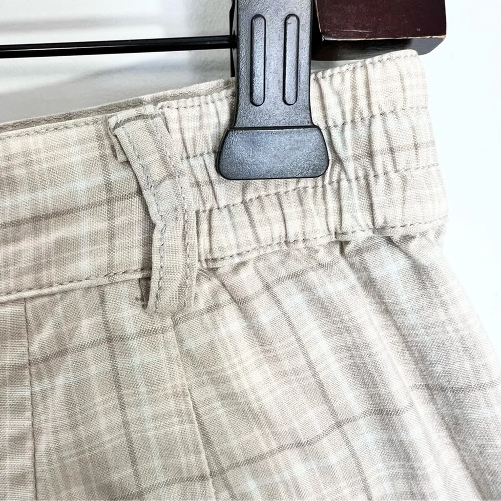 Vintage 80s 90s IZOD 100% cotton beige tan plaid pleated long Bermuda shorts 10